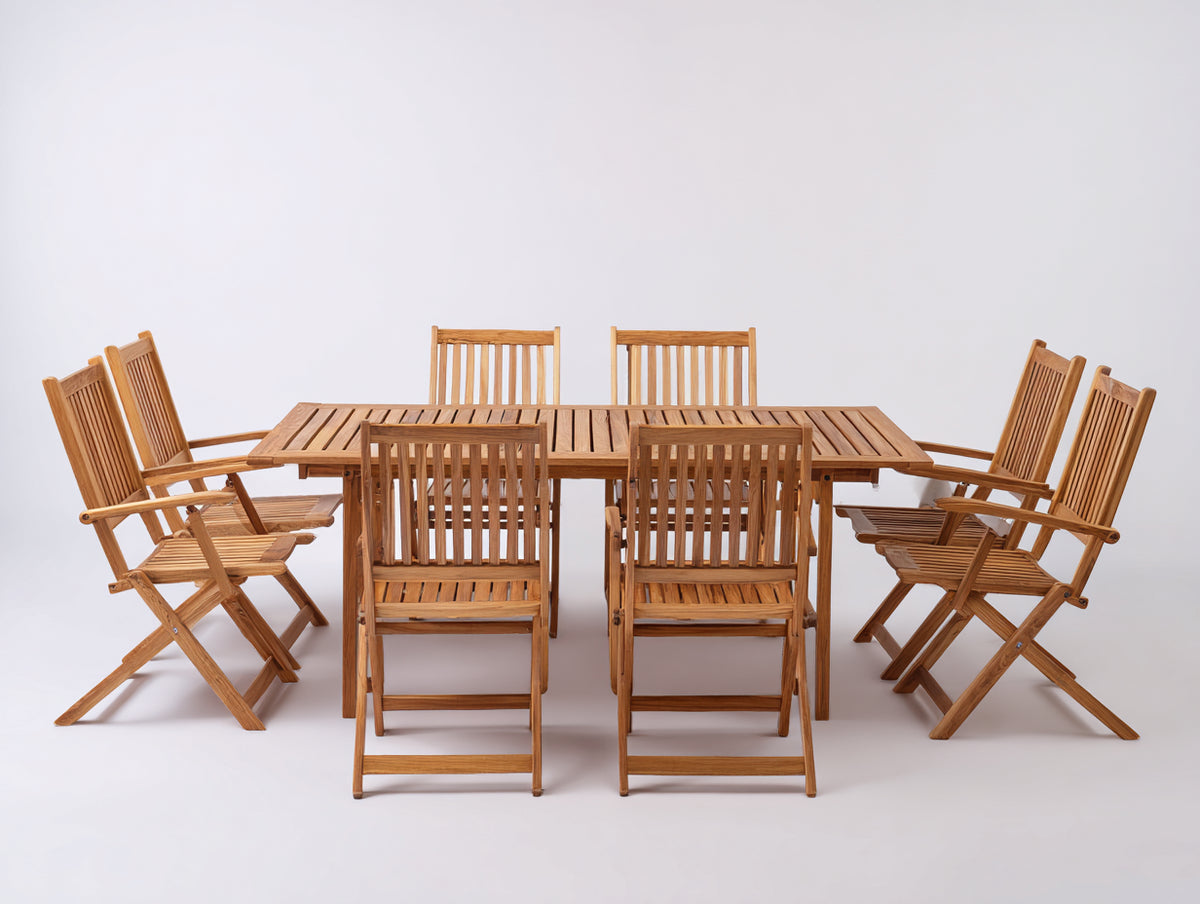 Garten Essgarnituren aus Holz 200 x 100 x 75 cm - Naturfarben - 9-teilig mit rechteckigem Tisch und 8 Klappstühlen