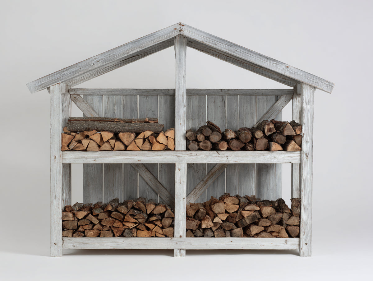 Kaminholzregal aus Holz 180 x 60 x 190 cm - Weiß und Grau - Viergeteiltes Design mit Satteldach für Garten und Terrasse