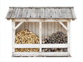 Kaminholzregal aus Massivholz 220 x 85 x 190 cm - Weiß-Naturgrau - Mit Pultdach und 2 Lagerbereichen