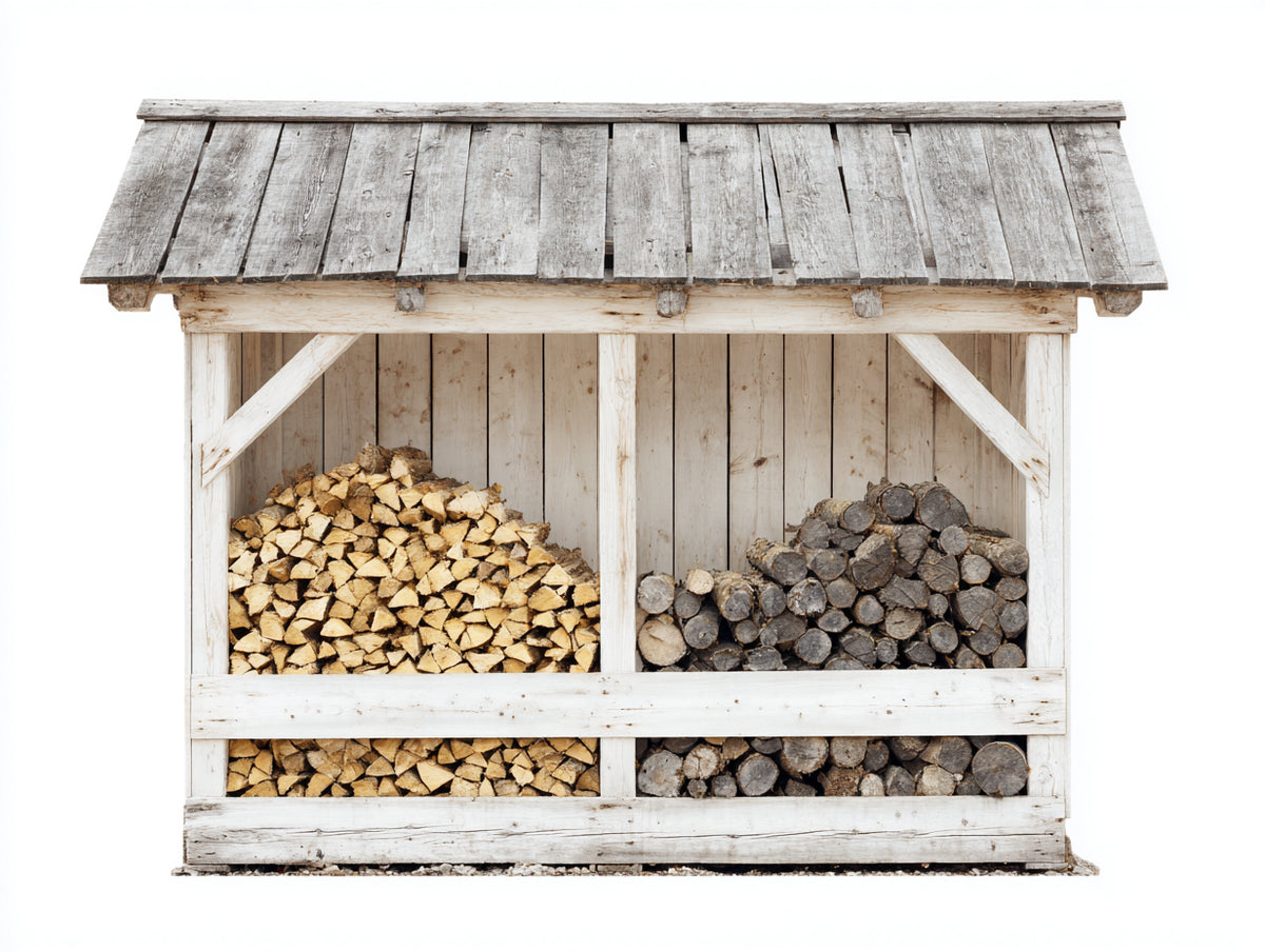 Kaminholzregal aus Massivholz 220 x 85 x 190 cm - Weiß-Naturgrau - Mit Pultdach und 2 Lagerbereichen