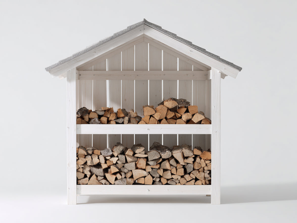 Kaminholzregal aus Holz 140 x 60 x 190 cm - Weiß und Grau - Zweistufiges Design mit Satteldach für Garten und Terrasse