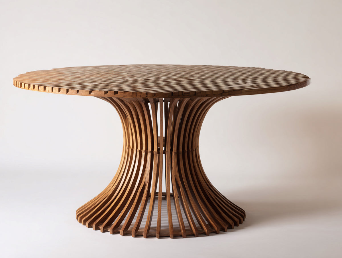 Gartentisch aus Holz 160 x 160 x 75 cm - Naturfarben - Rund mit geschwungenem Lamellenfuß