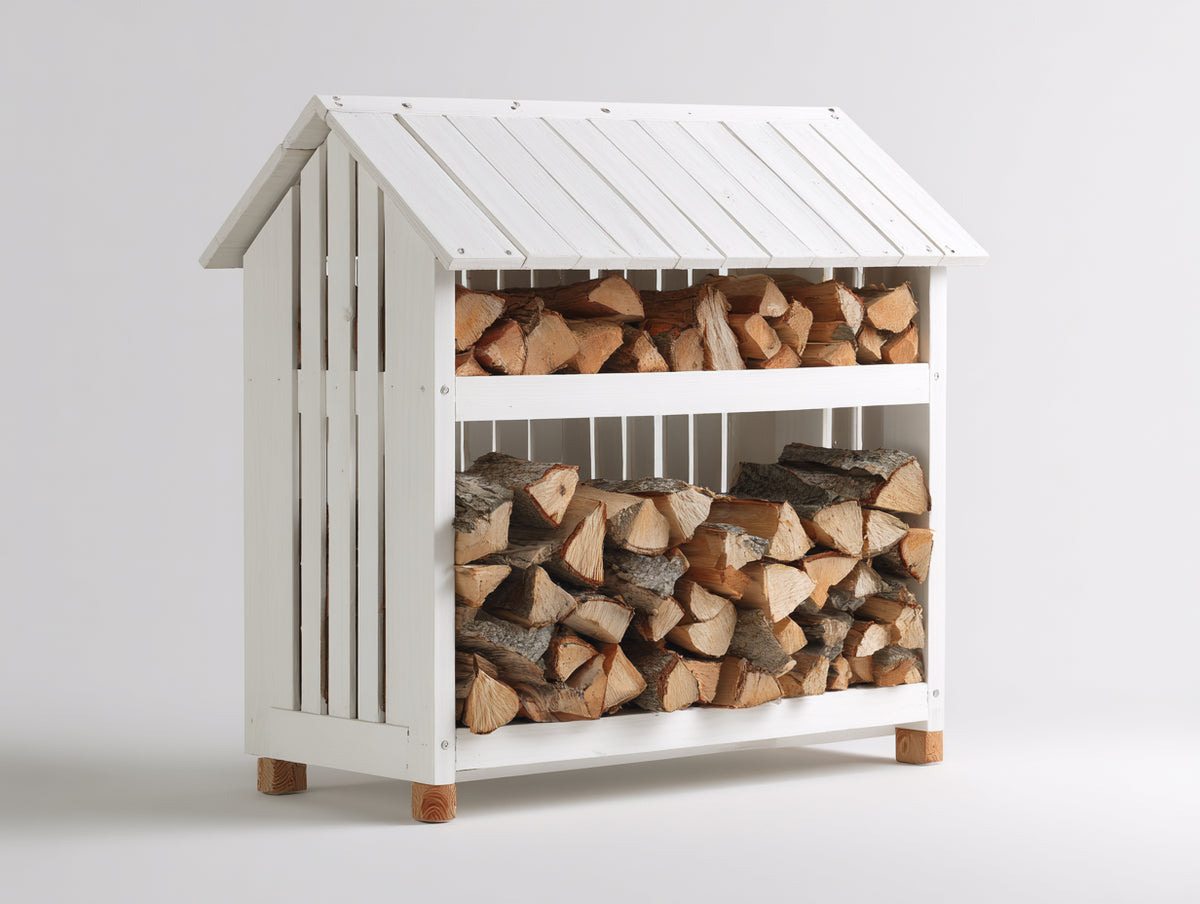 Kaminholzregal aus Holz 120 x 55 x 150 cm - Weiß - Mit Satteldach und 2 Lagerbereichen im rustikalen Design