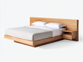 Doppelbett 220 x 200 x 85 cm aus Holz mit Kopfteil und seitlichen Ablagen in Naturholzfarbe modernes Schlafzimmerdesign