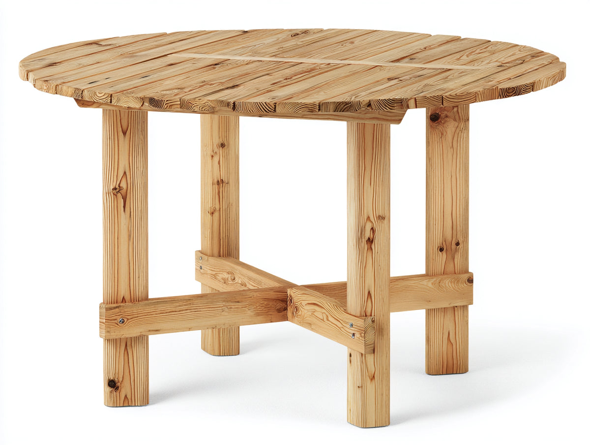 Gartentisch aus Massivholz 110x110x75 cm - Naturbraun - Rund mit Lattenplatte und verstrebtem Vierfußgestell