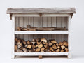 Kaminholzregal aus Holz 130x50x145 cm - Weiß Grau - Mit Dach und 2 Lagerebenen