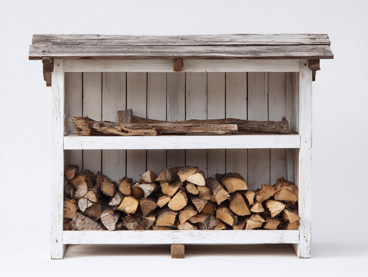 Kaminholzregal aus Holz 130x50x145 cm - Weiß Grau - Mit Dach und 2 Lagerebenen