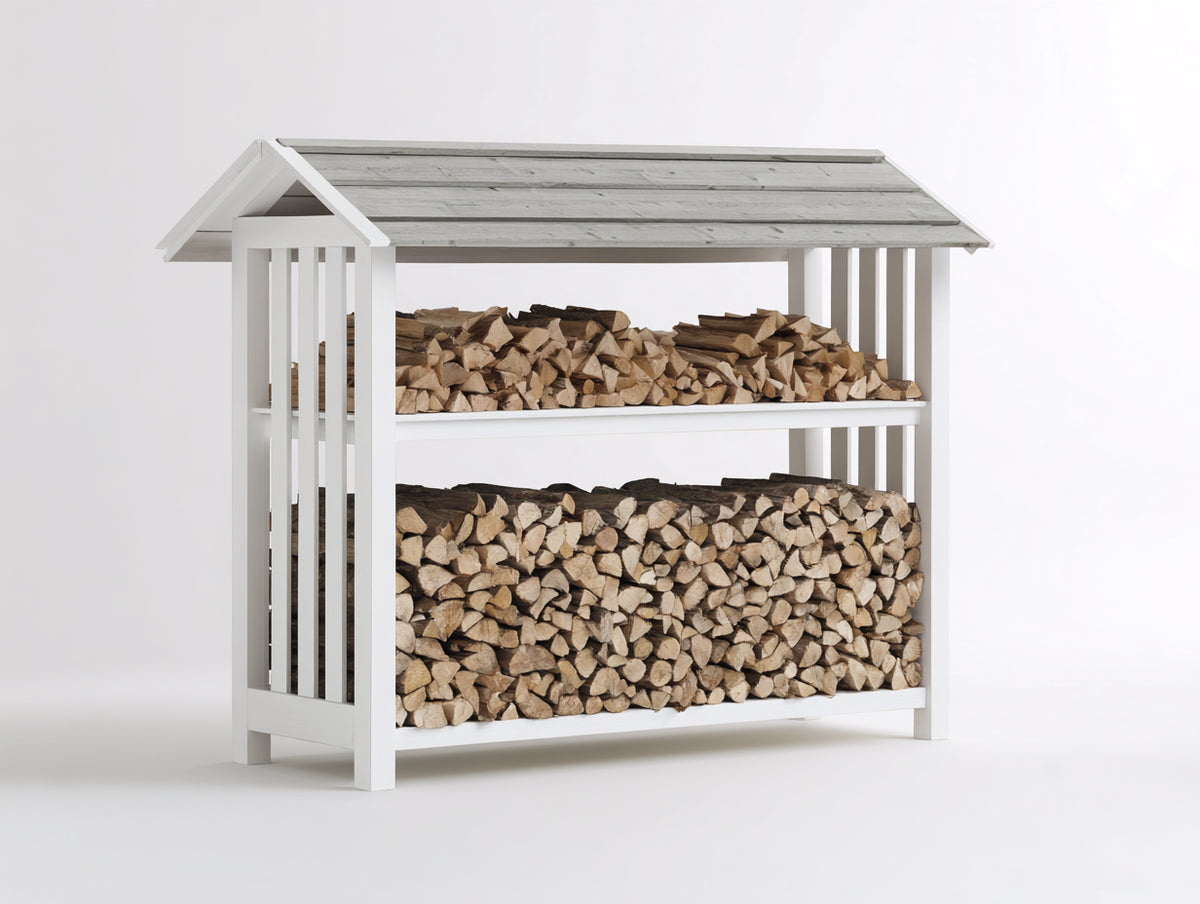 Kaminholzregal aus Massivholz 180 x 60 x 180 cm - Weiß-Grau - Mit Satteldach und 2 Lagerebenen für Garten Terrasse und Hof