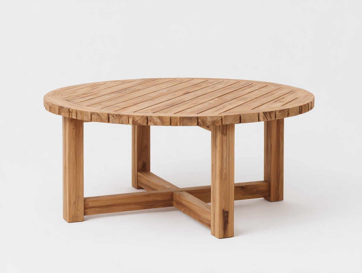 Gartentisch aus Holz 120 x 120 x 75 cm - Naturfarben - Rund mit Lattenplatte und Kreuzverstrebung
