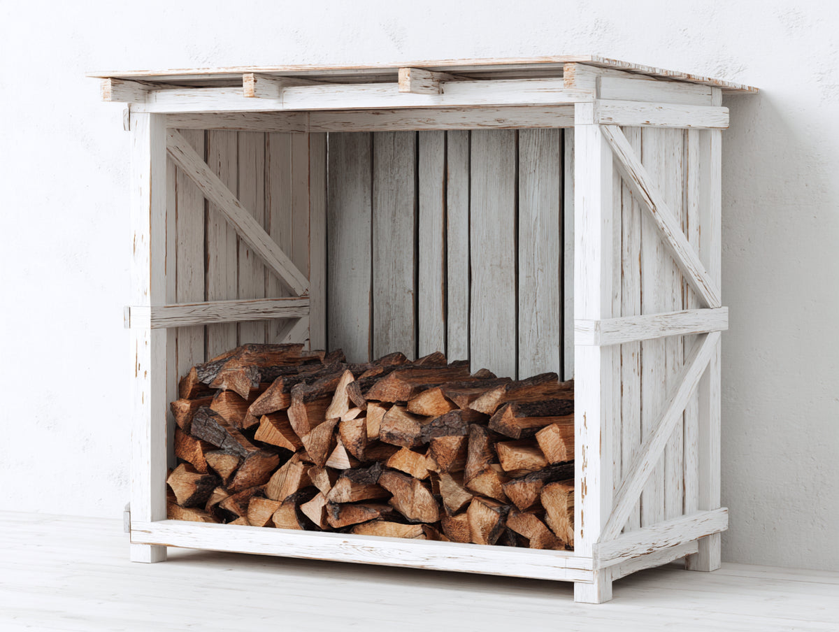 Kaminholzregal aus Holz 150 x 60 x 150 cm - Weiß - Mit Schutzdach und geschlossenen Seitenwänden im rustikalen Design