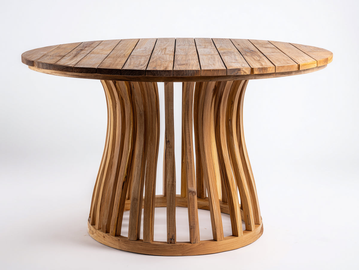 Gartentisch aus Massivholz 140 x 140 x 75 cm - Naturholz - Rund mit geschwungenem Säulenfuß für Garten Terrasse und Außenbereich