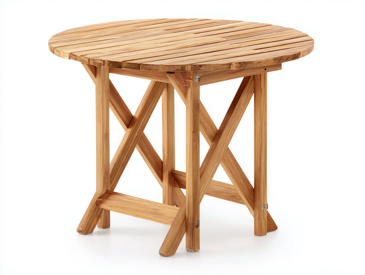 Gartentisch aus Massivholz 90 x 90 x 75 cm - Naturholz - Rundes Lattenprofil mit klappbarem Untergestell für Garten Terrasse und Balkon