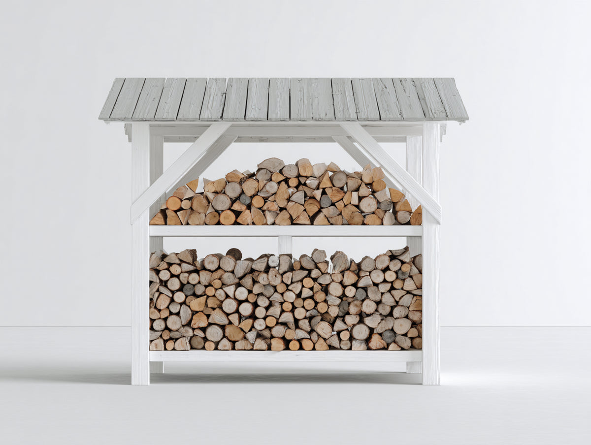 Kaminholzregal aus Holz 140x55x160 cm - Weiß Grau - Mit Dach und 2 Lagerebenen