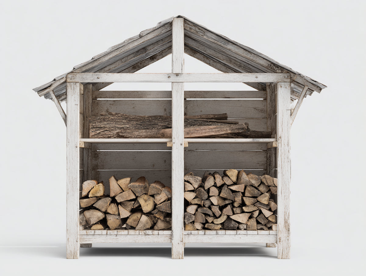 Kaminholzregal aus Massivholz 160 x 55 x 190 cm - Weiß-Naturholz - Mit Satteldach und zwei Lagerebenen für Garten und Terrasse