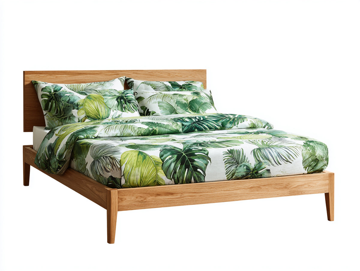 Doppelbett aus Massivholz 220 x 220 x 130 cm - Naturbraun - Moderner Rahmen mit erhöhtem Kopfteil