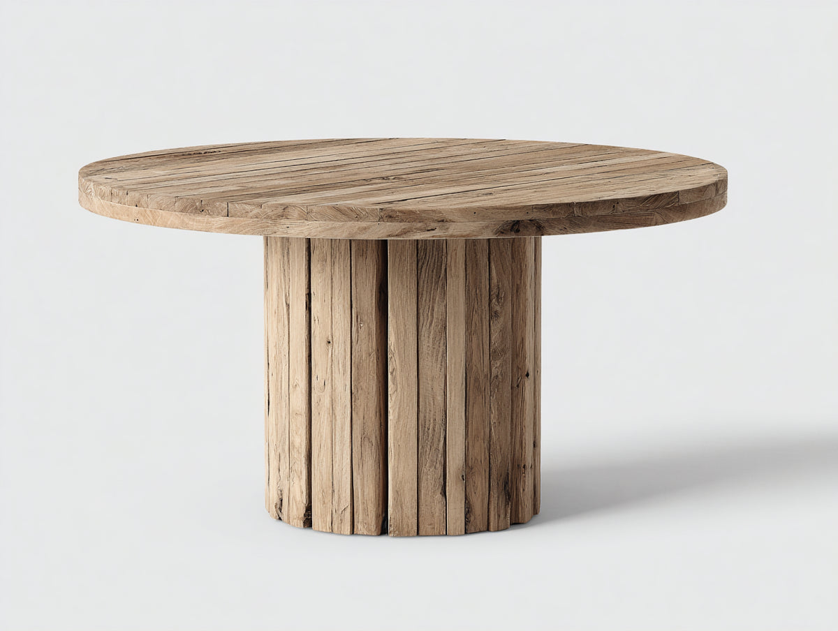 Gartentisch aus Massivholz 120 x 120 x 75 cm - Naturbraun - Rund mit Säulenfuß im rustikalen Design