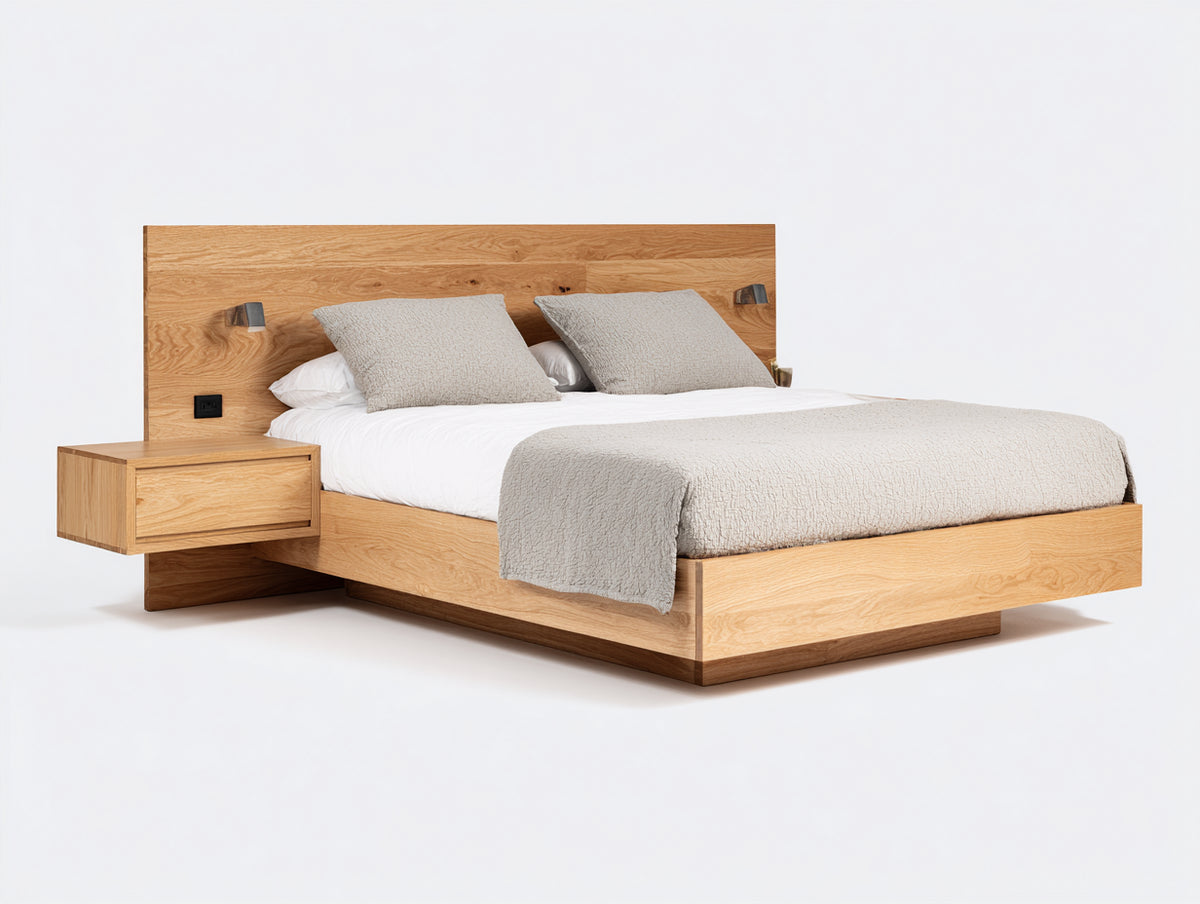Doppelbett aus Massivholz 220 x 200 x 120 cm - Naturholz-Dunkelbraun - Breites Kopfteil und integrierte Seitenablage