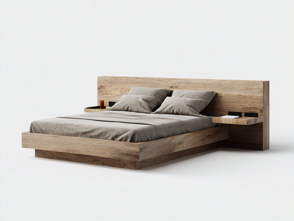 Doppelbett aus Massivholz 225 x 210 x 115 cm - Naturholz-Dunkelbraun - Breites Kopfteil und 2 integrierte Seitenablagen