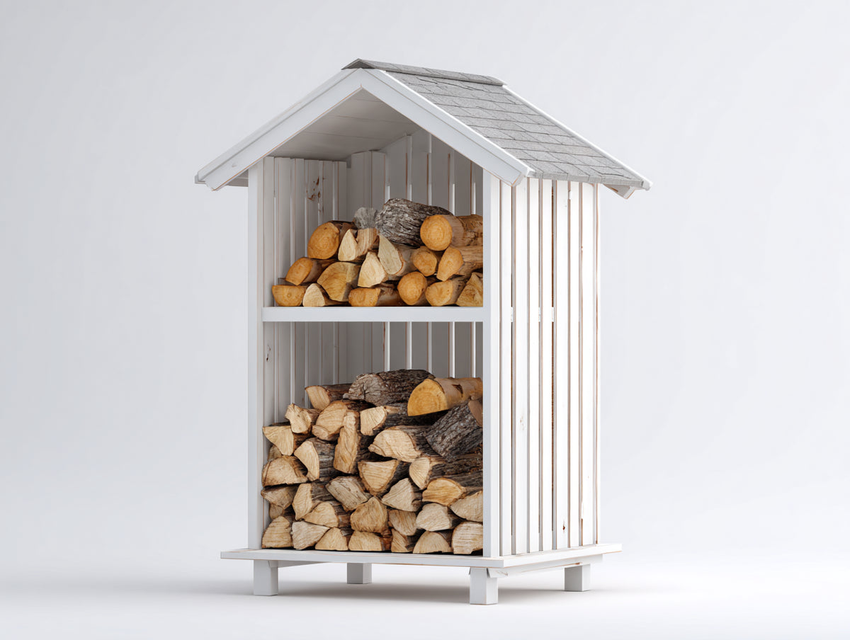 Kaminholzregal aus Massivholz 100 x 55 x 185 cm - Weiß-Grau - Mit Satteldach und 2 Lagerebenen für Garten Terrasse und Hof