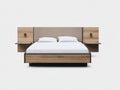 Doppelbett aus Holz und Stoff 250x220x110 cm - Naturholz Beige und Schwarz - Breites gepolstertes Kopfteil mit integrierten Ablageflächen