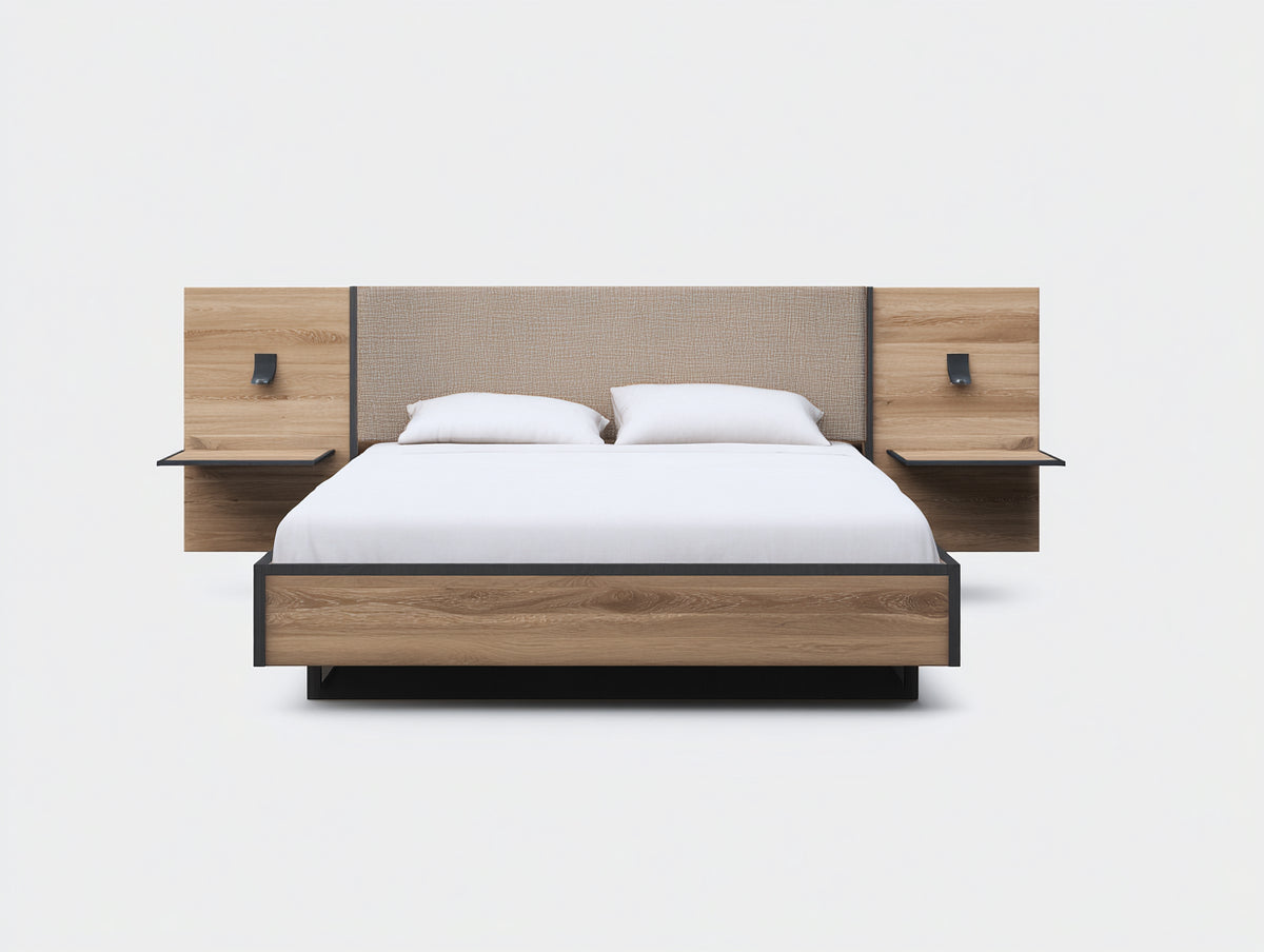Doppelbett aus Holz und Stoff 250x220x110 cm - Naturholz Beige und Schwarz - Breites gepolstertes Kopfteil mit integrierten Ablageflächen