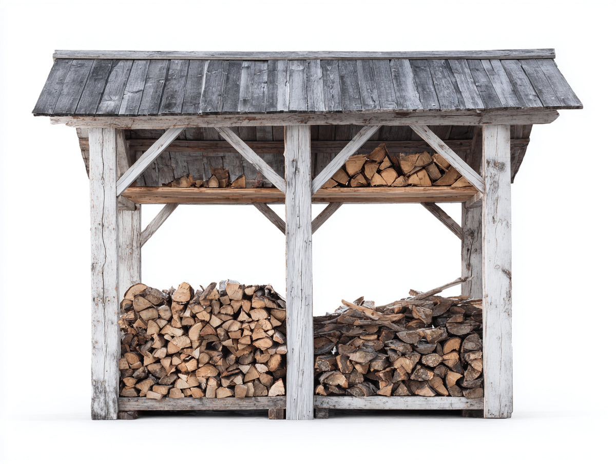 Kaminholzregal aus Holz 200 x 60 x 180 cm - Weiß-Grau - Mit Schutzdach und 2 Lagerbereichen im rustikalen Design